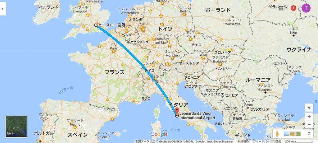 ヒースロー→ローマ便マップ