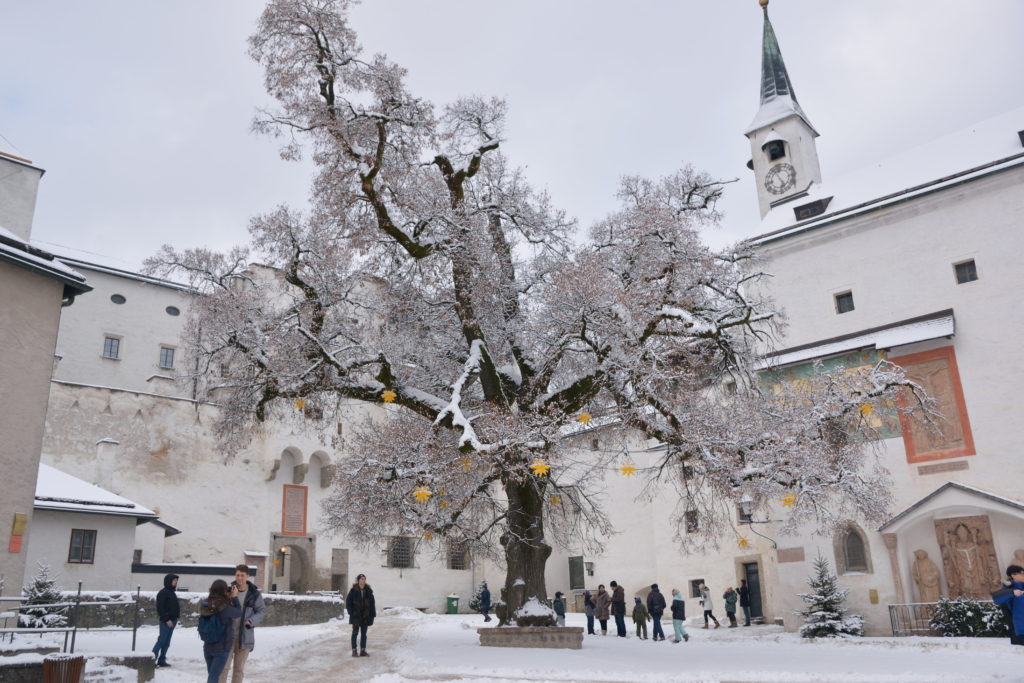 雪が積もったザルツブルク場内の広場
